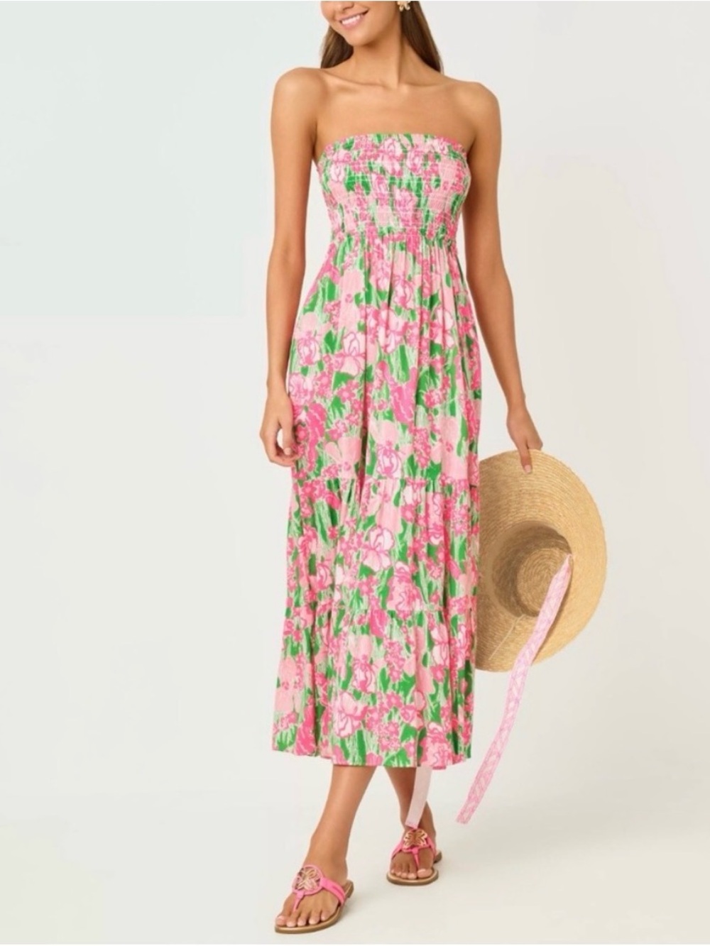 NWT Lilly Pulitzer Pink & Green Floral Strapless Maxi. Size M